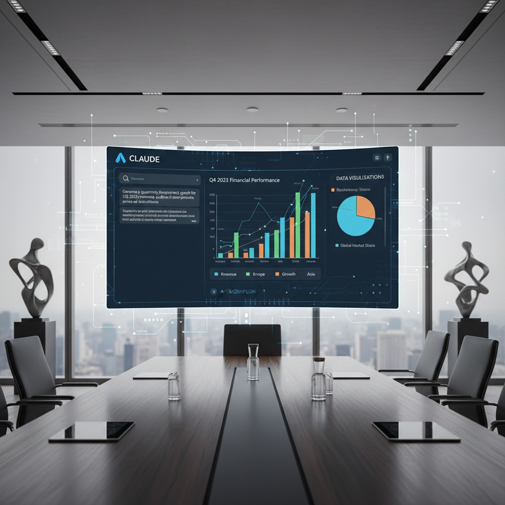 A digital dashboard displaying financial performance charts and data visualizations floats in the center of a modern boardroom overlooking a city skyline.